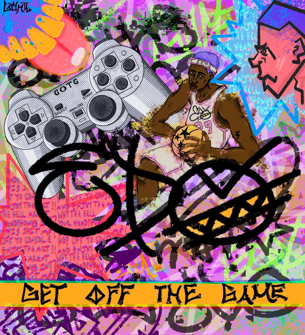 Colorful Get Off the Game album cover by King E.D.O, with a game controller, basketball player, and graffiti-style lettering.